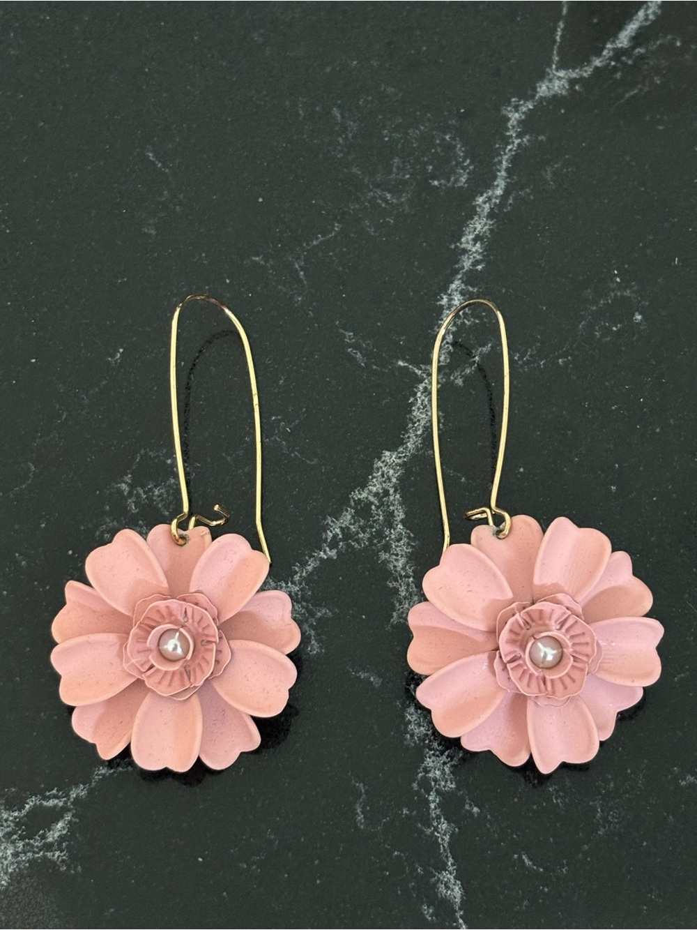 Pink Floral Drop Earrings with Gold Hooks